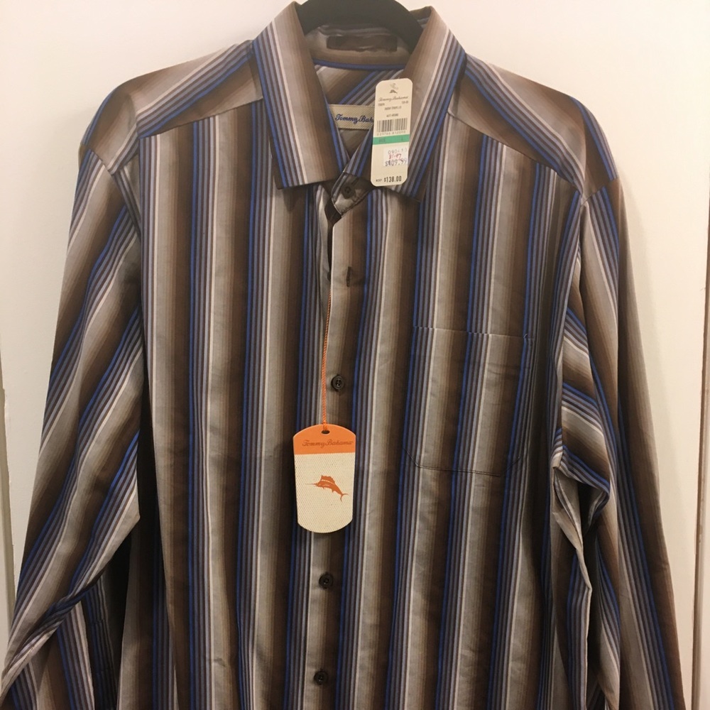 NWT Men’s Tommy Bahama Brown/Blue Striped Shirt L